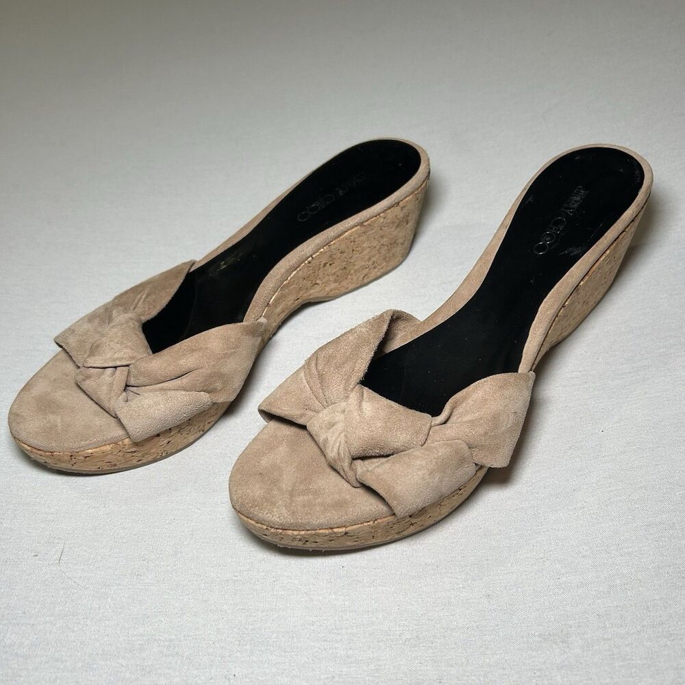 Jimmy Choo taupe suede slide sandals 39 / 8.5 with a knotted toe strap